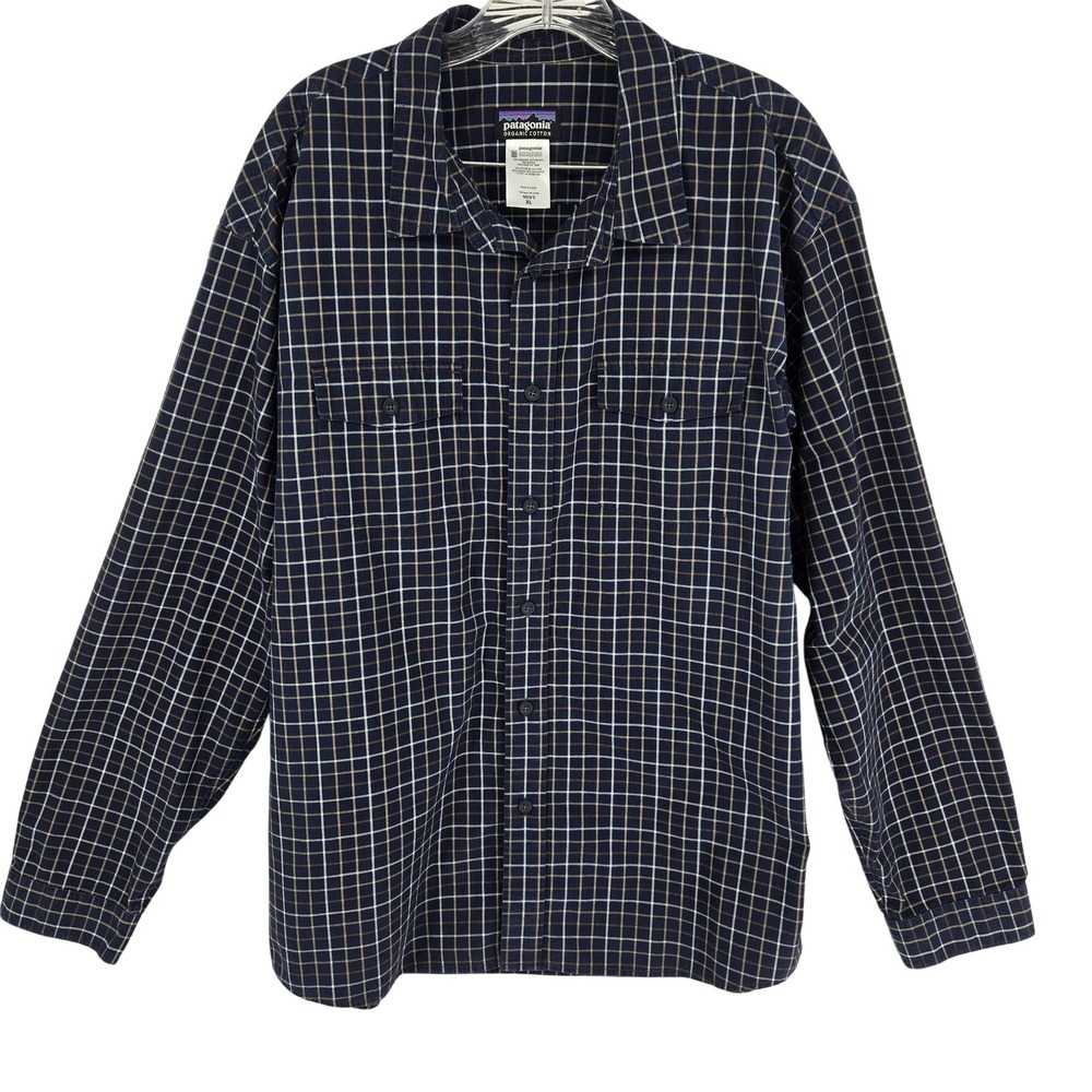 Patagonia Shirt Mens XL Navy Blue Plaid Organic Cotton Blend Long Sleeve Casual